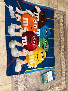 M&M'S Multicolor Cartoon Character Throw Blanket - Blue Background